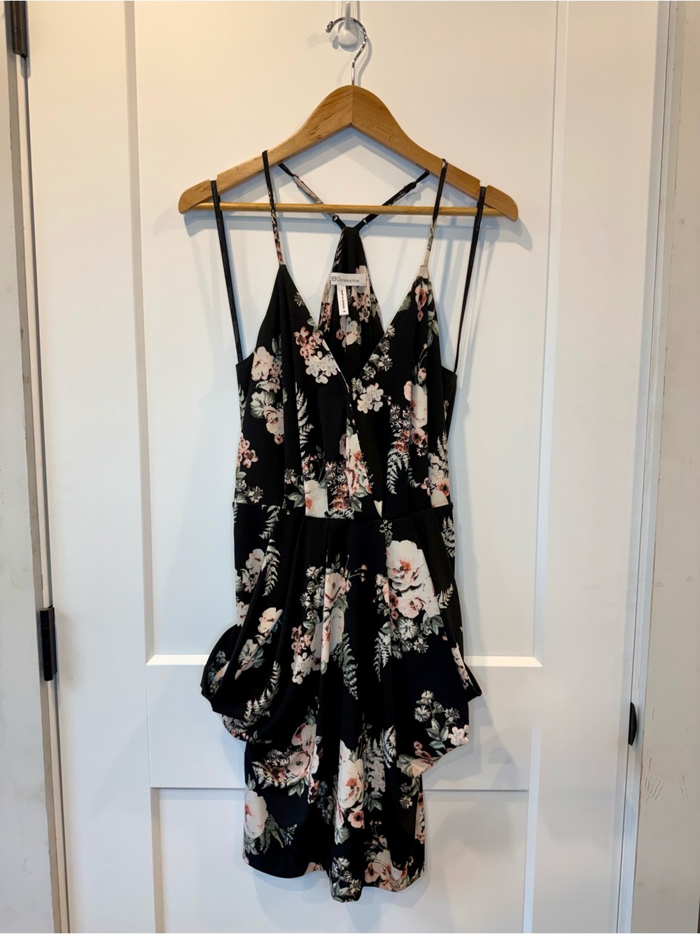 BCBGeneration Black Floral Spaghetti-Strap Romper